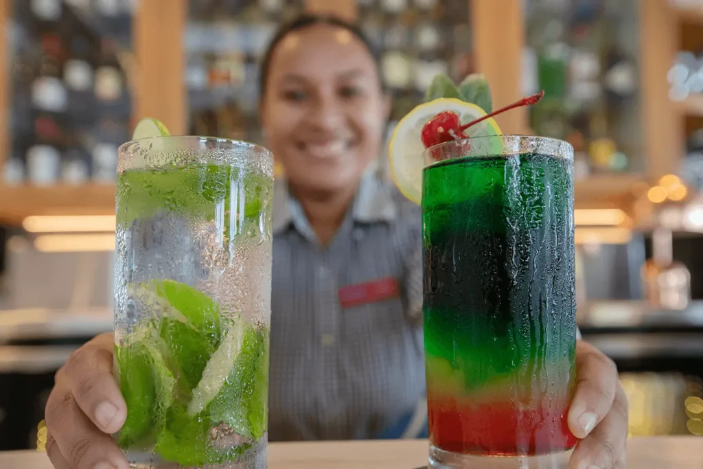 Fruity cocktails with smiling bar staff at Port Terrace Restaurant and Bar